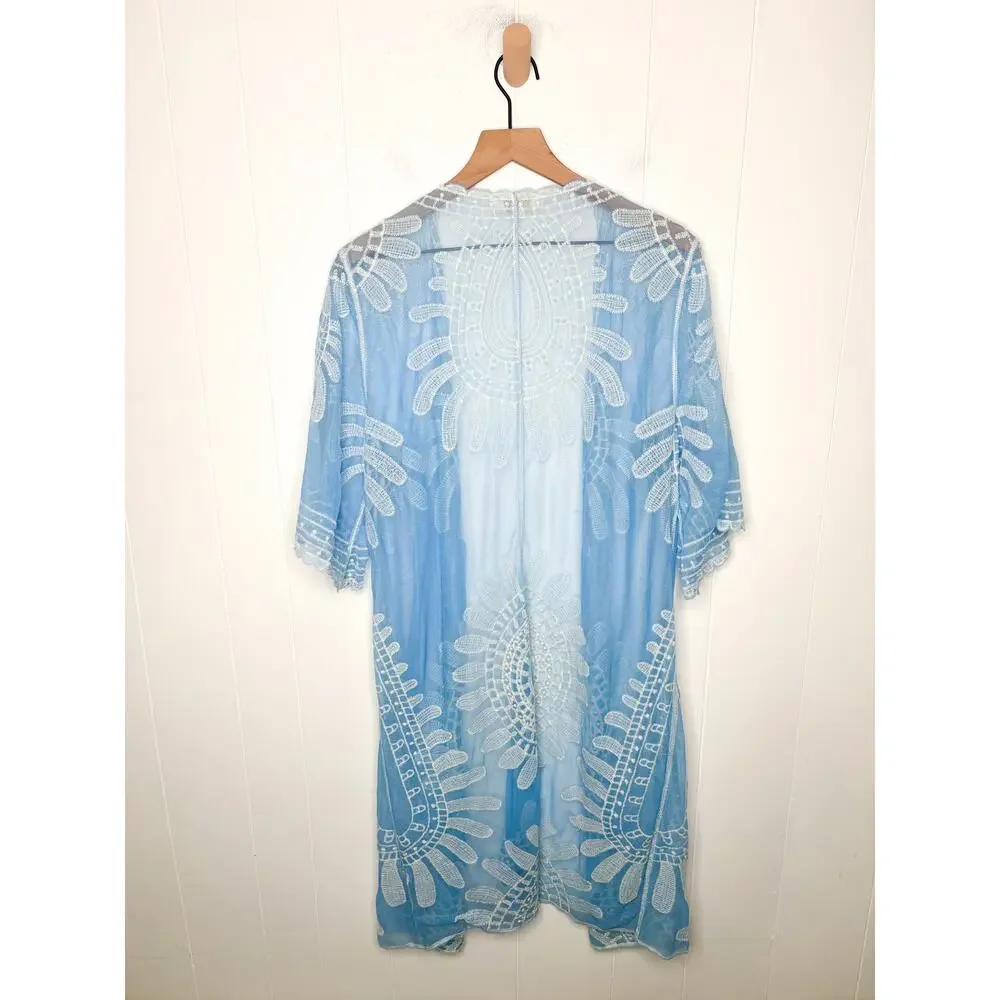 Rebellion Blue Duster Kimono Medium Beach Swim Coverup Lightweight Boho Flowy - Picture 6 of 8